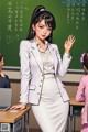 A woman in a white suit standing in front of a blackboard.