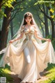 A woman in a wedding dress walking through a forest.