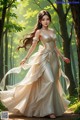 A woman in a long white dress walking through a forest.