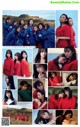 A collage of photos of a group of young women in red dresses.