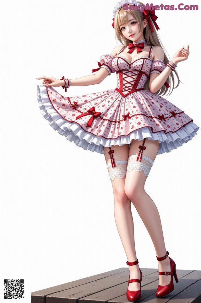 A woman in a red and white dress is posing for a picture.