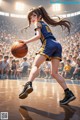 A girl in a blue and yellow uniform holding a basketball.