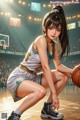 A woman kneeling on a basketball court holding a basketball.