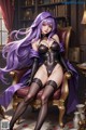 A woman with long purple hair sitting on a chair.